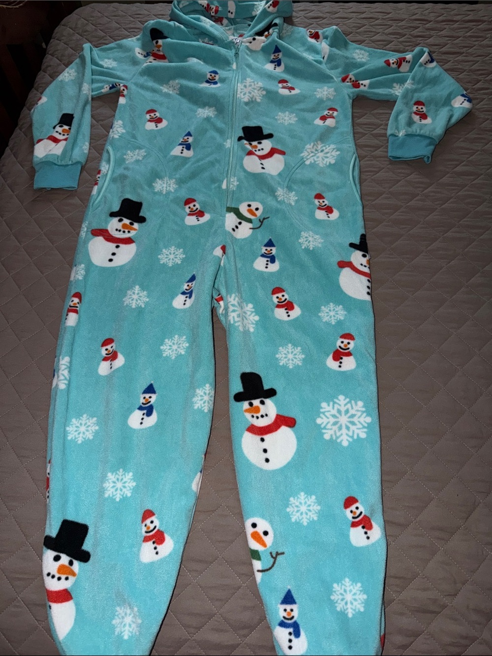Men's Light Blue Snowman Fleece Footie Onesie - Cozy Winter Pajama